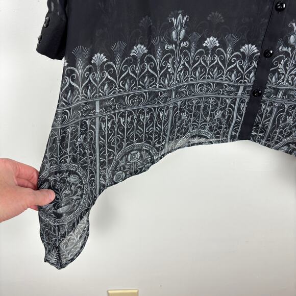 Hell Bunny Secret Gate Tunic Sheer button shirt sharkbite asymmetrical hem black - Picture 8 of 11